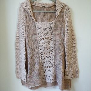 Free People Soft Open Knit Crochet Hooded Sweater Size XS
